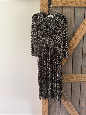 ba&sh Black Midi Dress with Cream Abstract Print - Size S